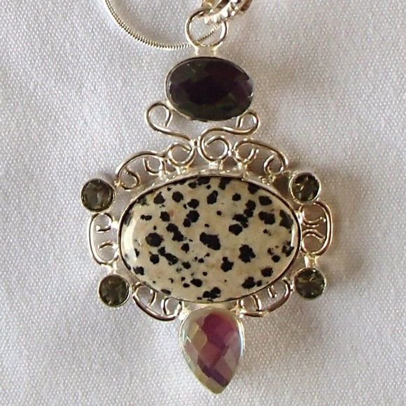 Dalmation Jasper Rainbow Topaz Green Amethyst .925 Scrollwork Pendant Only - Picture 3 of 10